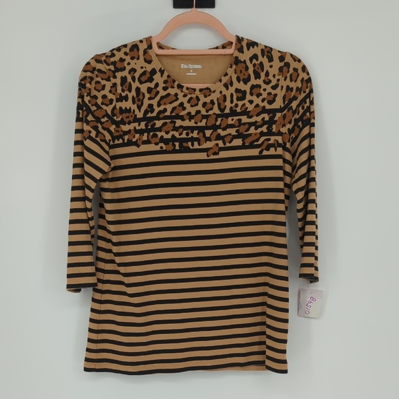 01548 Kim Rogers Striped Animal Print Top Brown Size Small coastalcore preppy - Picture 1 of 5